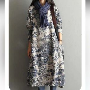 GUC BUYKUD Floral Taupe Cotton Vintage Casual Loose Printed Dress